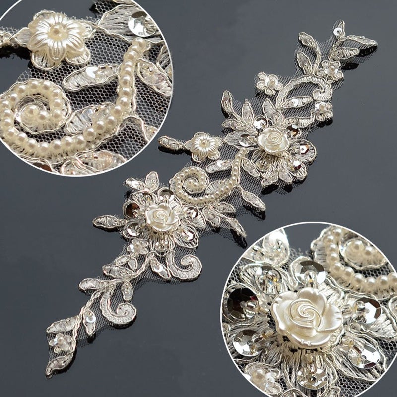 Zthread Bling Paillette Rhinestones Lace Appliques Pearl Beaded Bridal Applique Sewing Patch for DIY Wedding Belt Shoes Ivory (2 Pieces) - Image 2